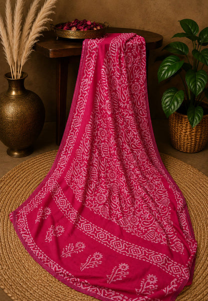 Batik Tussar Saree-Pink with Batik Print