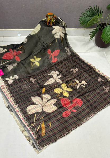 Pure Organza Saree-Black In Scalloped Scroll Border