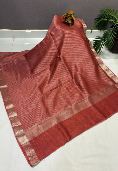 Chanderi Saree-Dusky Peach in Fine Stripe Zari Border