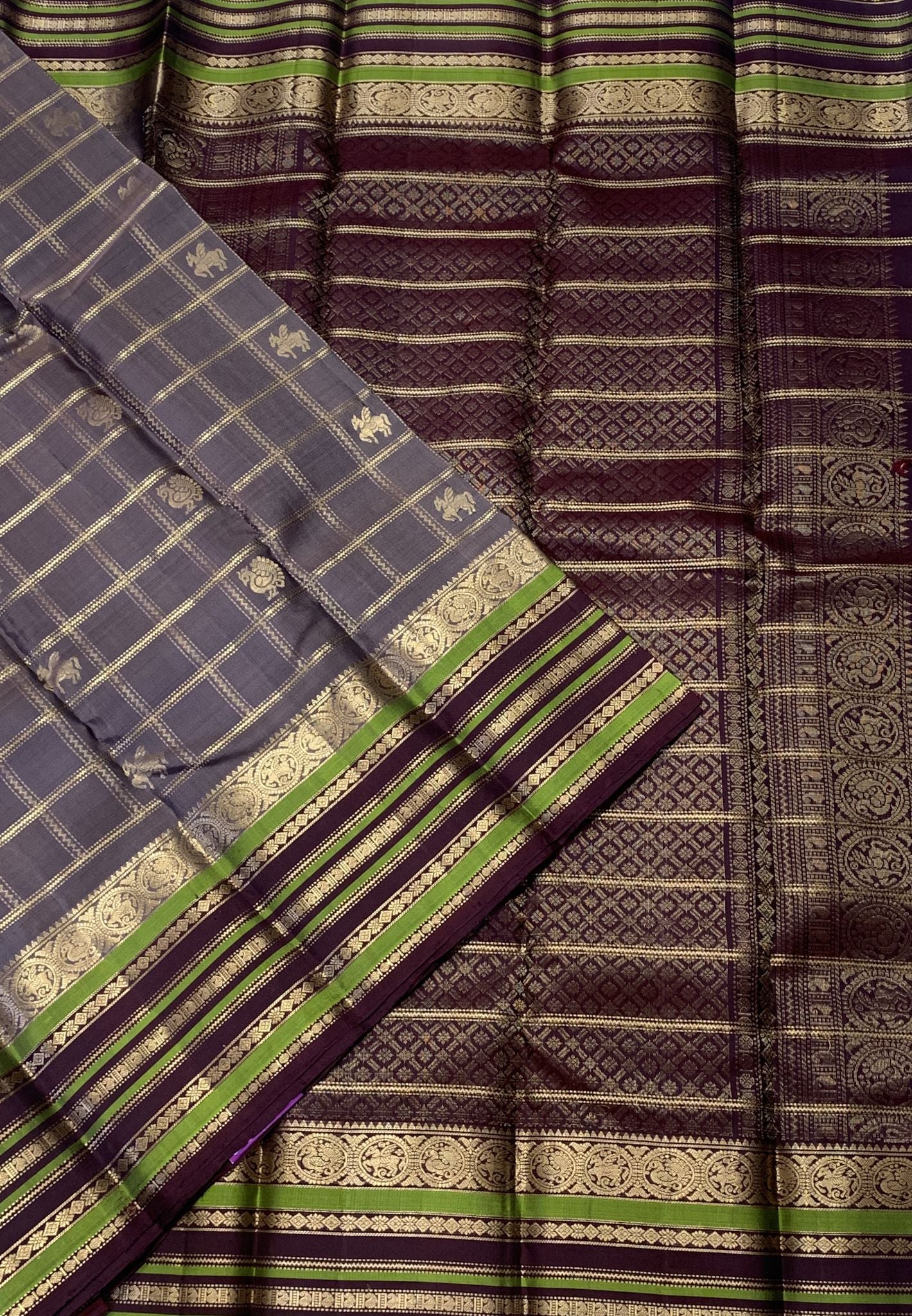 Pure Kanchipuram Silk Saree-Metallic Grey in Check with Kanchipuram Style Border