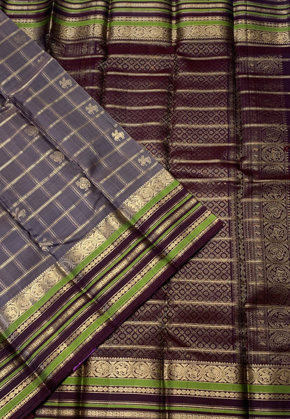 Pure Kanchipuram Silk Saree-Metallic Grey in Check with Kanchipuram Style Border