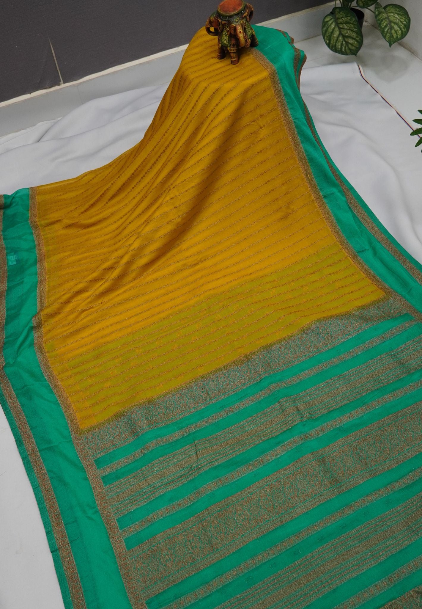 Banarasi Georgette Saree-Mustard Yellow with Emerald Green