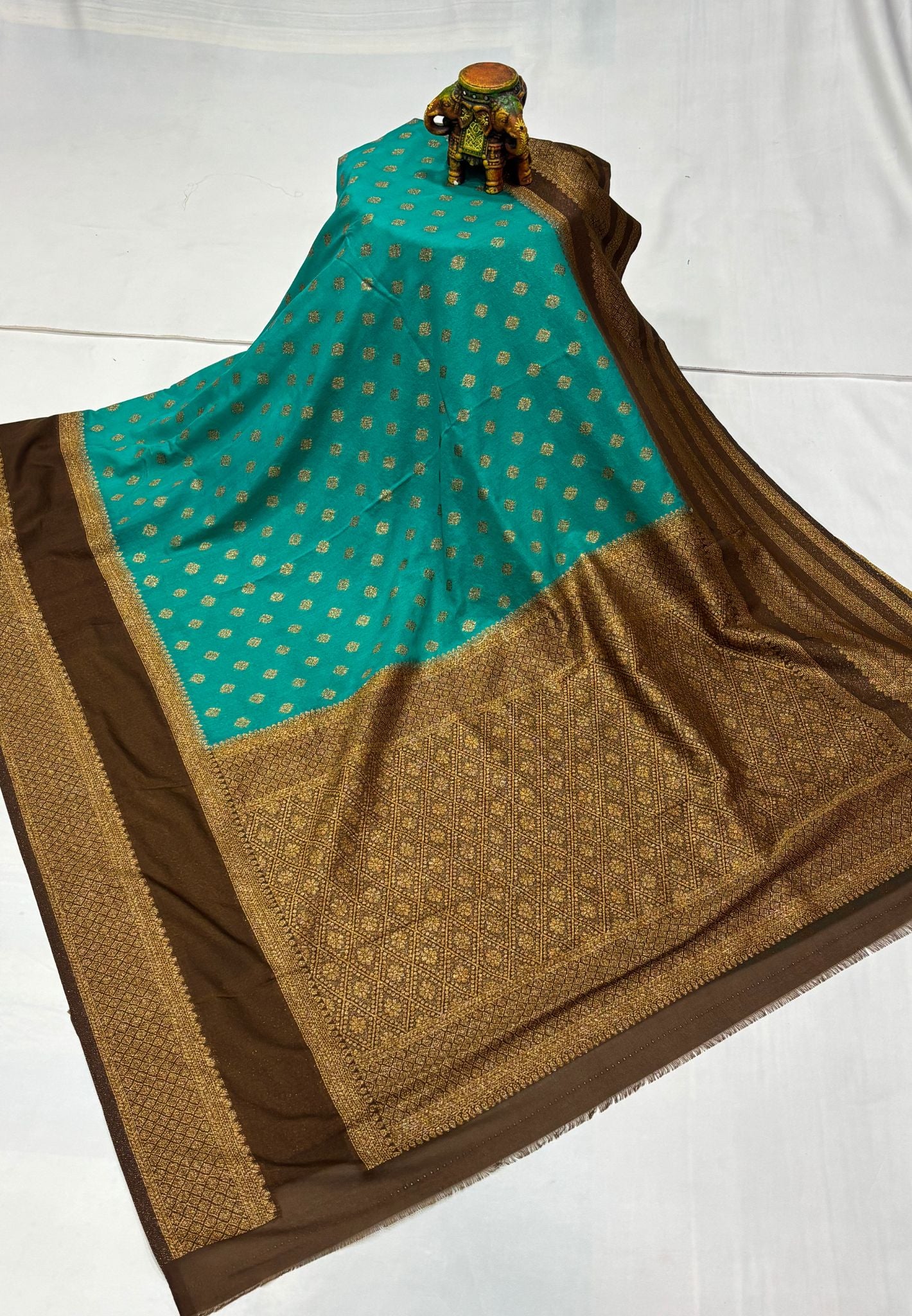 Banarasi Crepe Saree-Ramar Green in Mini Zari Butta with Retepet Border