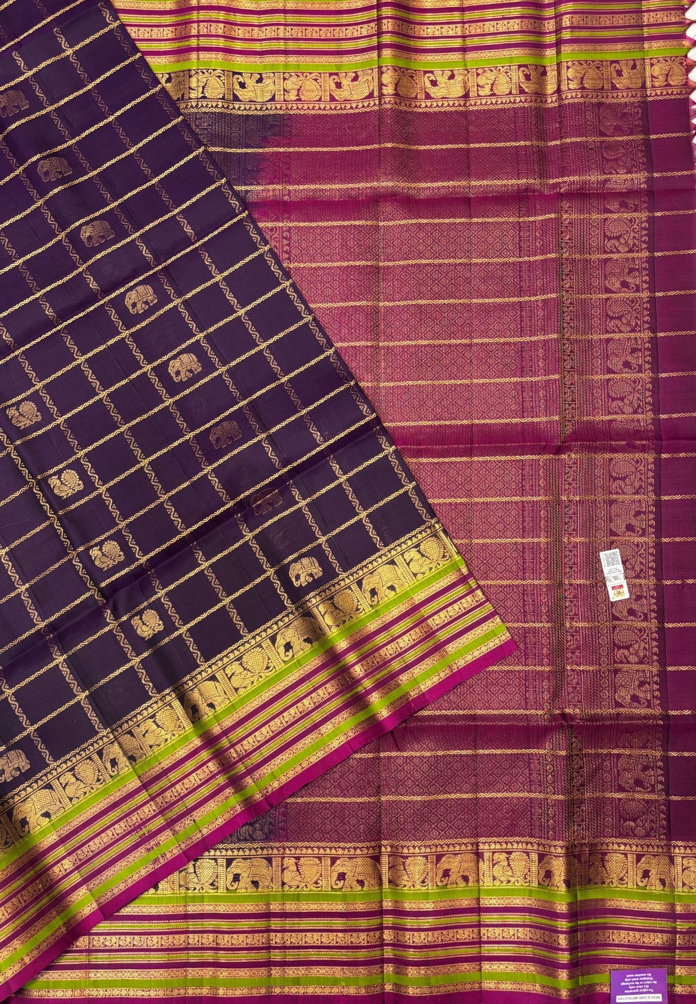 Pure Kanchipuram Silk Saree-Purple in Checkered Mayil Chakram with Varisapet Border