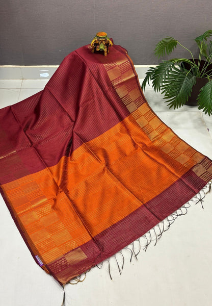 Semi Raw Silk Saree-Maroon In Checkered Zari With Contrast Border