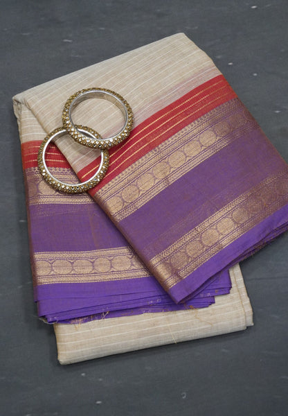 Chettinad Cotton Saree - Beige- Purple