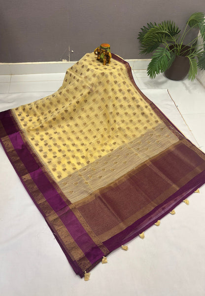 Bamboo Silk Saree-Beige-Wine Retpet Border