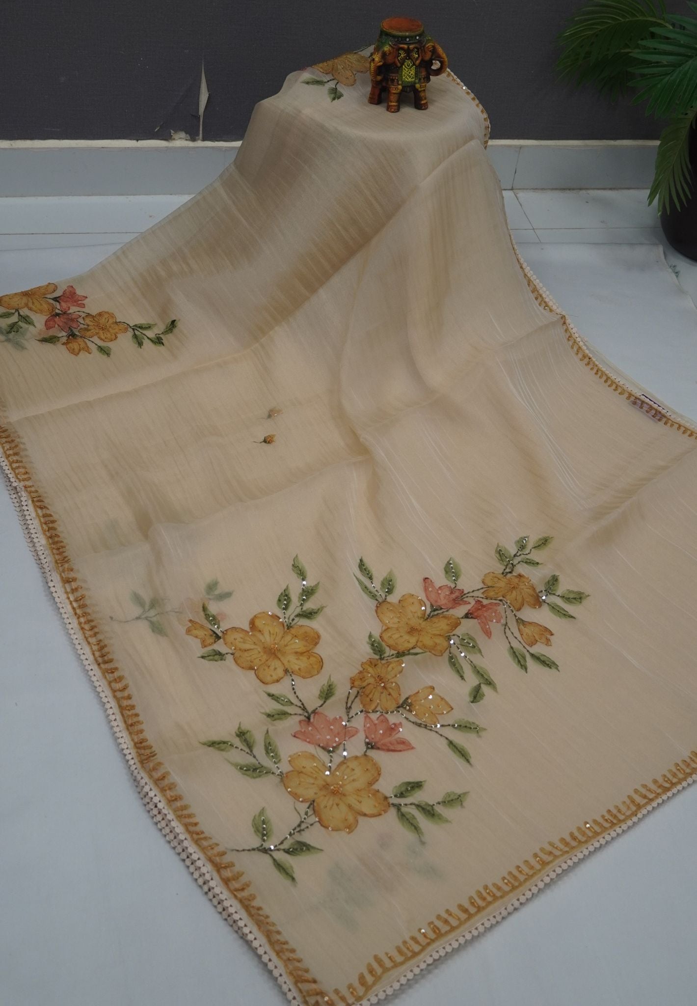 Crush Organza Saree-Beige with French Knot