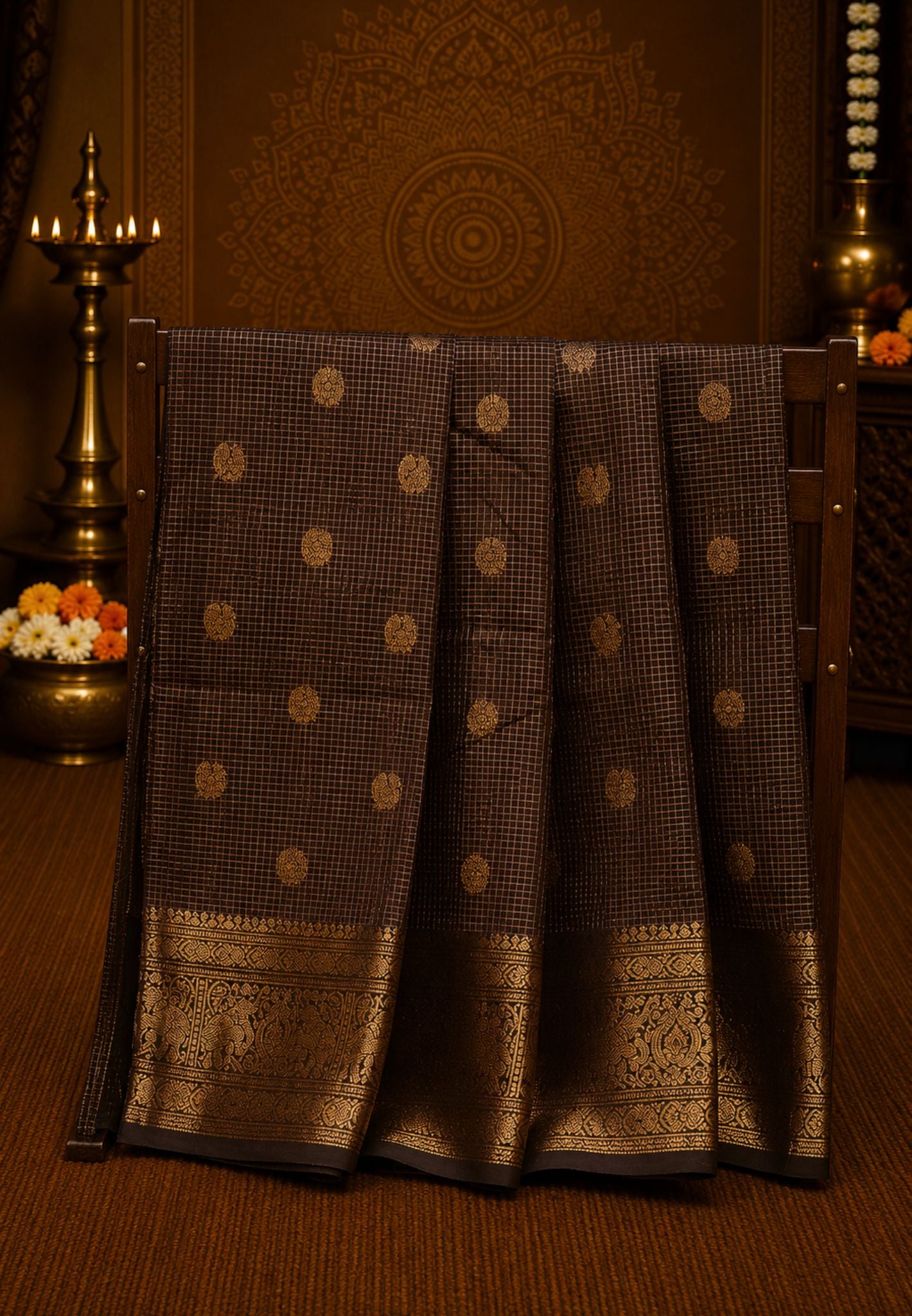 Chettinad Cotton Saree-Brown Mini Checked With Elephant & Floral Zari Border