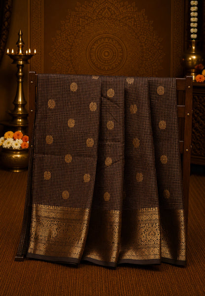Chettinad Cotton Saree-Brown Mini Checked With Elephant & Floral Zari Border