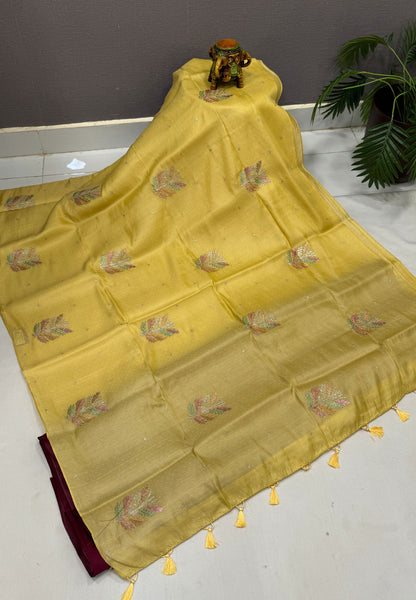 Blueberry Silk Saree-Muted Yellow in Leaf Butta Embroidery Border