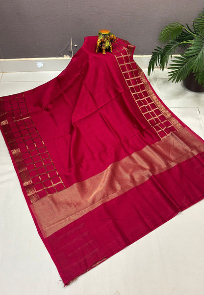 Semi Chinya Silk Saree-Redish Pink In Checkered Zari Border