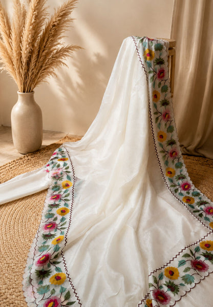 Organza Saree -White with Floral Border