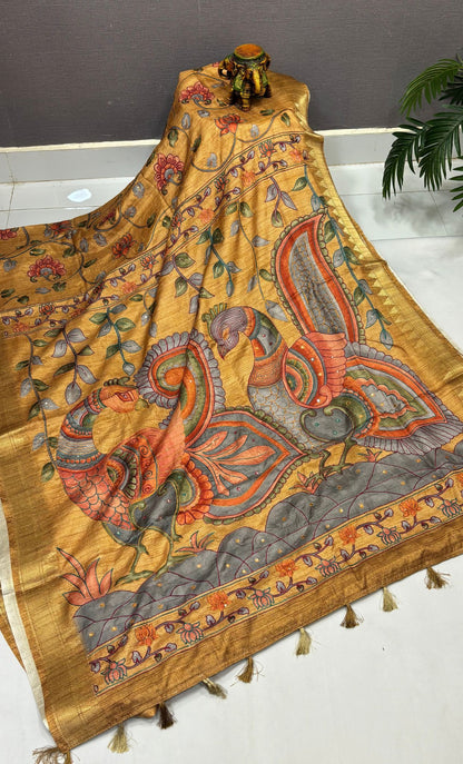 Semi Tussar Saree-Mustard In Twin Peacock