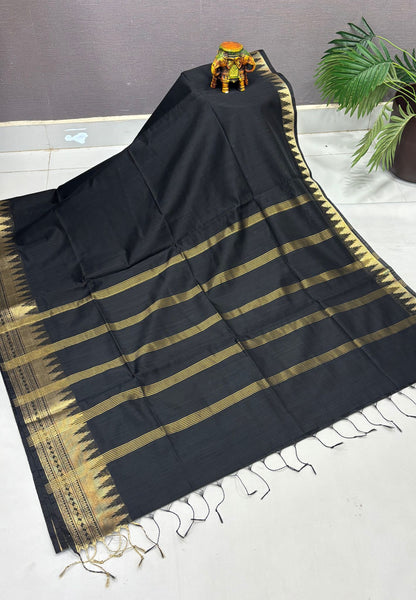 Handloom Silk Cotton Saree-Black in Temple Tower Zari Border
