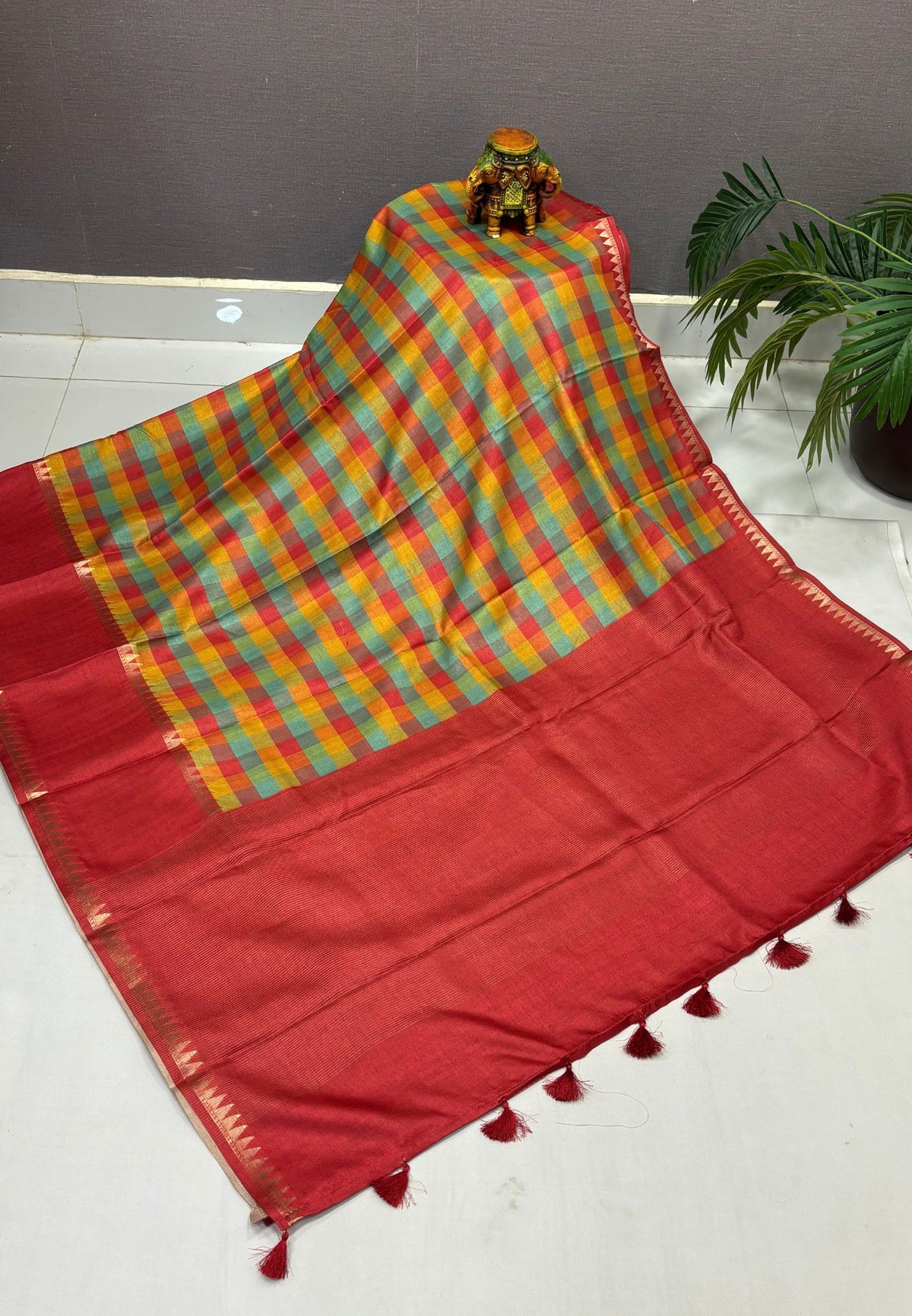Soft Tussar Saree-Red In Palum Pazhamum Border