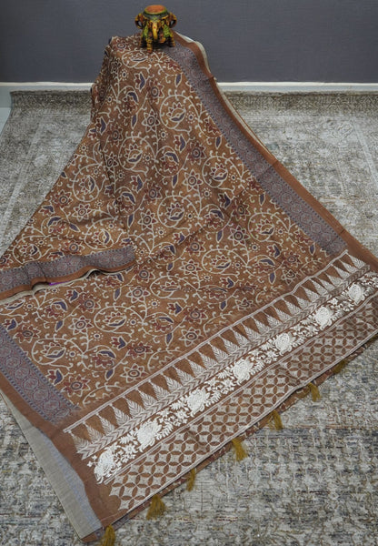 Semi Chanderi Saree-Khaki with Floral Pattern