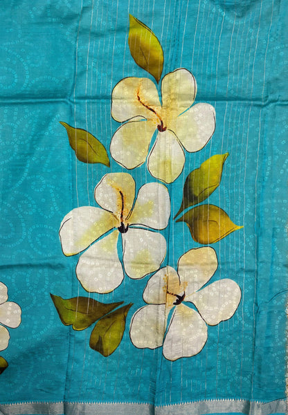 Pure Mangalgiri Silk Saree-Sky Blue in Floral Print with Small Border