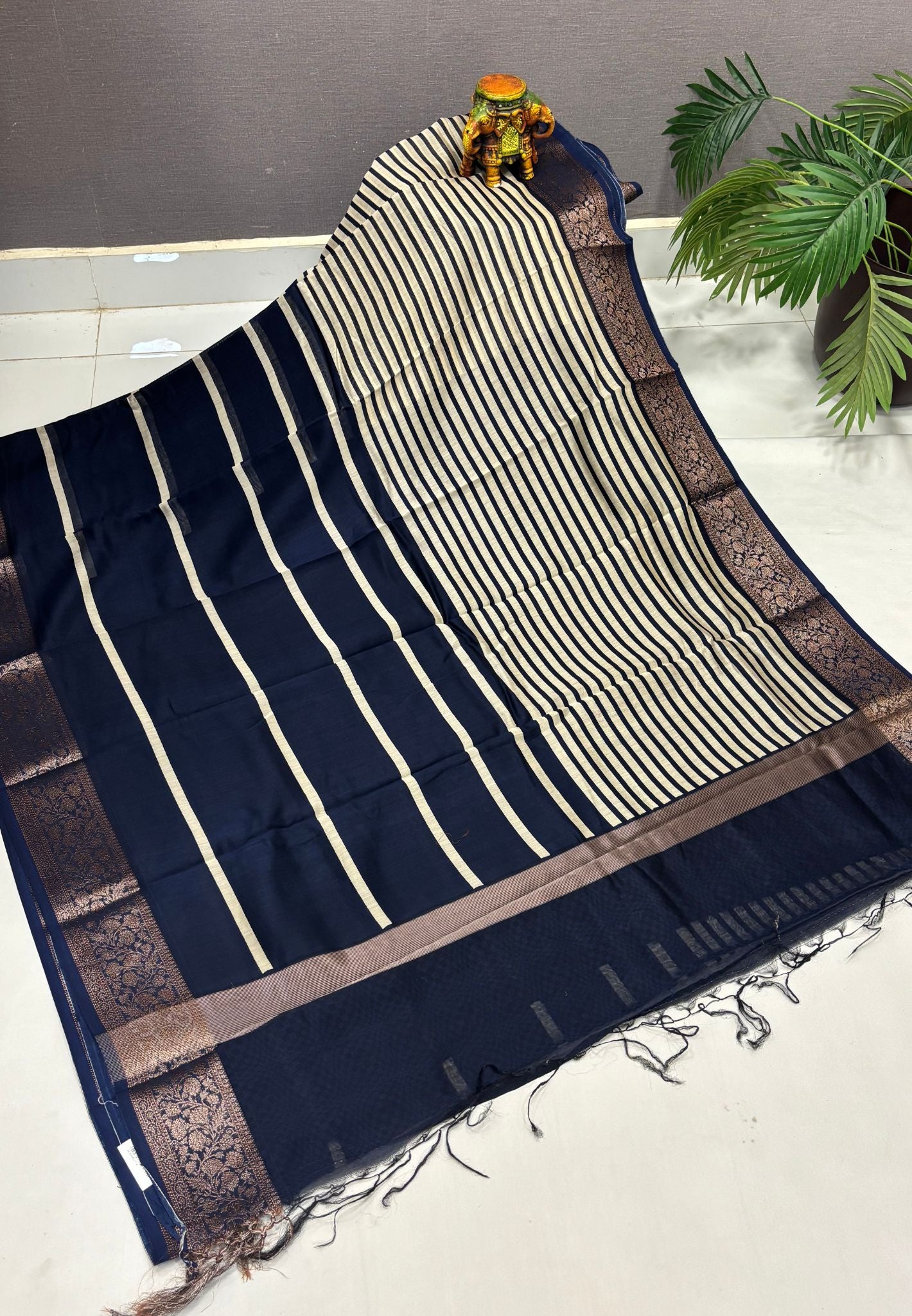 Pure Chanderi Saree-Blue in Antique Zari Floral Brocade Border
