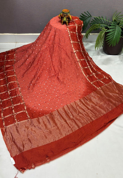Banarasi Bandeji Saree-Rust orange in Checked Zari Border