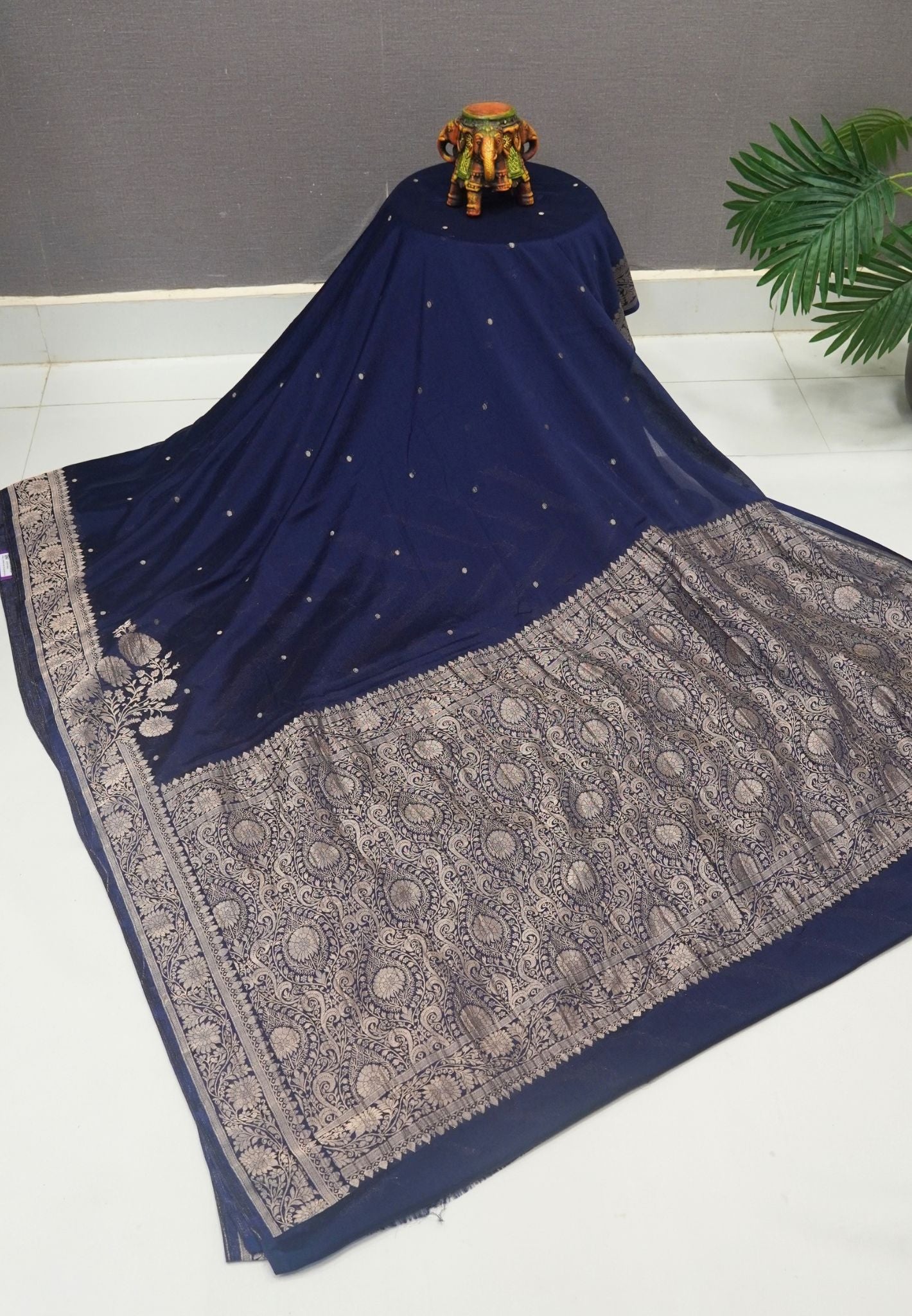 Chinon Silk Saree-Navy Blue with Antique Floral Border