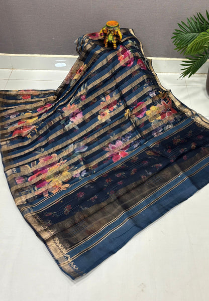 Pure Organza Tussar Saree-Blue In Multi-Stripe Zari Border