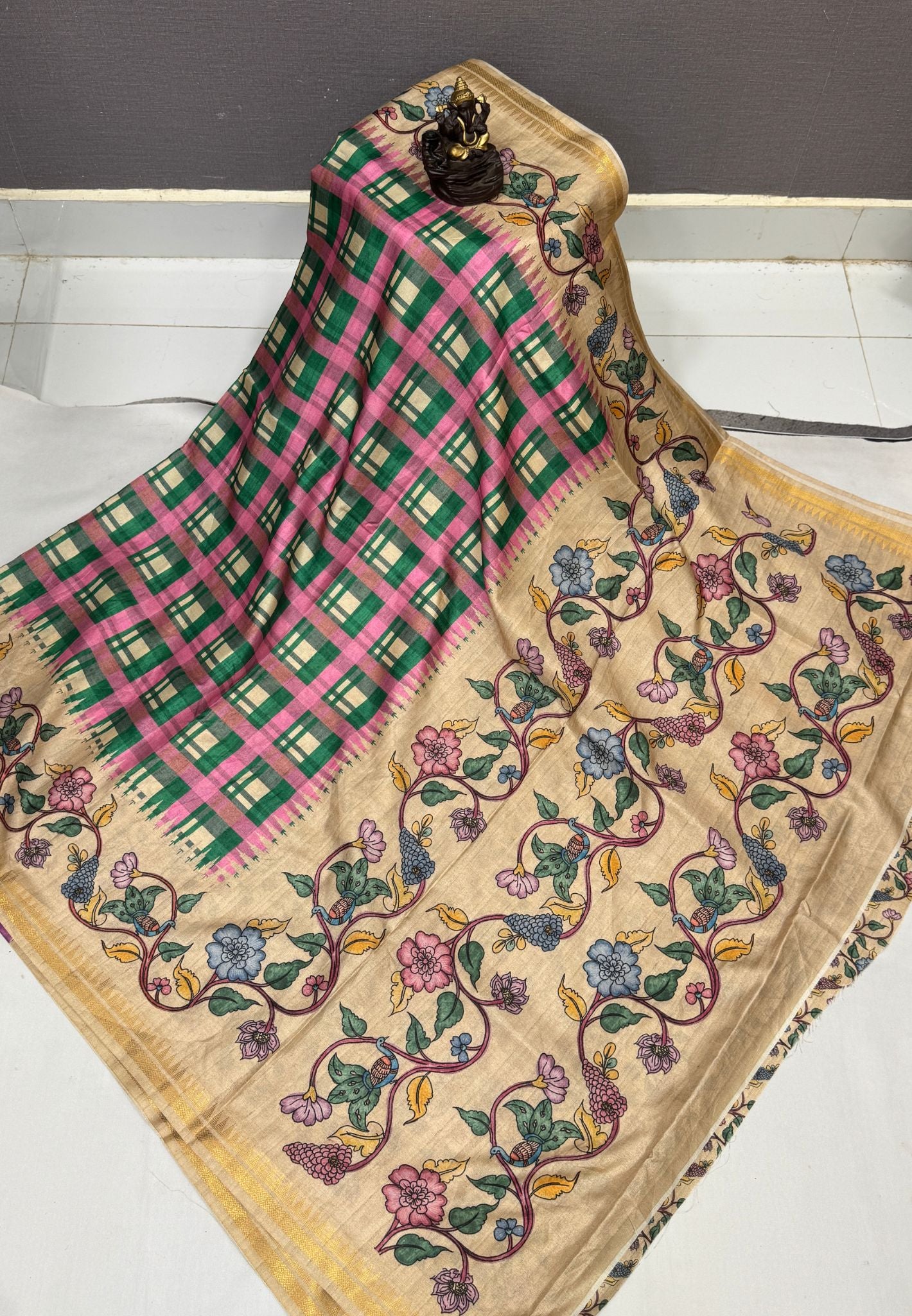 Semi Tussar Saree - Green Madras Checks With Floral Designs