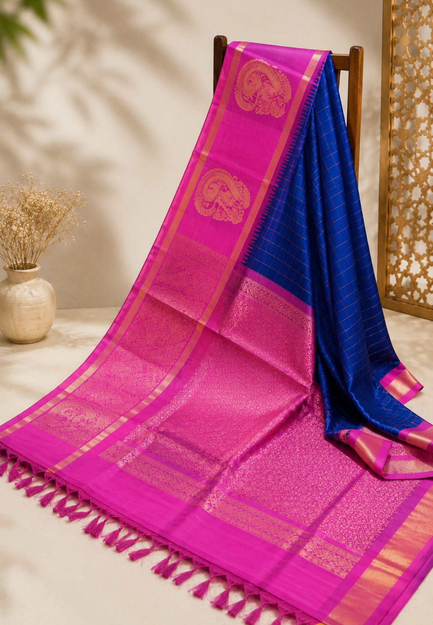 Silk Cotton Saree-Navy blue with Zari Checks