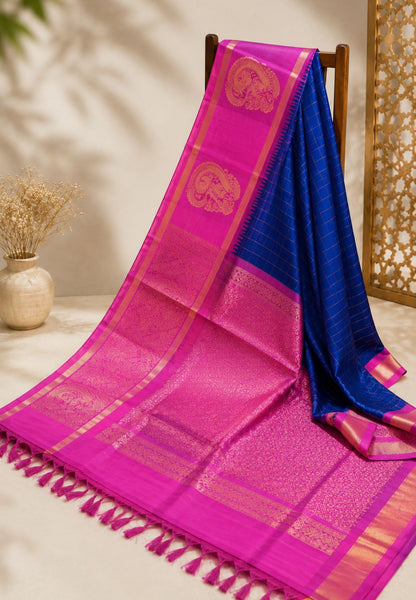 Silk Cotton Saree-Navy blue with Zari Checks