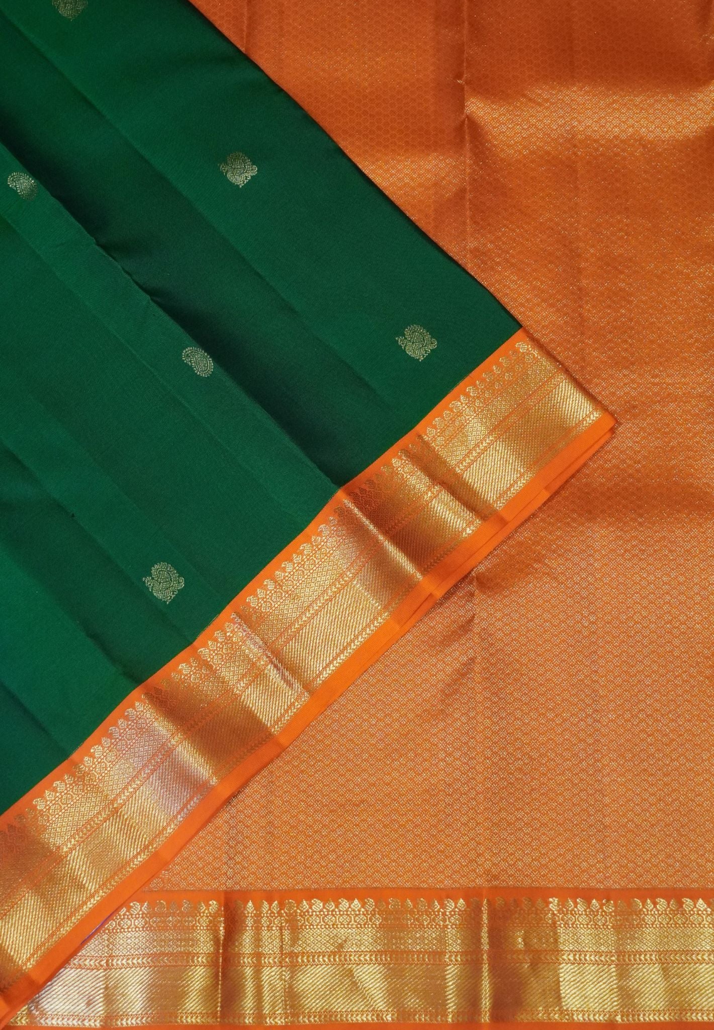 Pure Korvai Kanchipuram Silk Saree-Bottle green - Orange with peacock butta