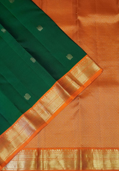 Pure Korvai Kanchipuram Silk Saree-Bottle green - Orange with peacock butta