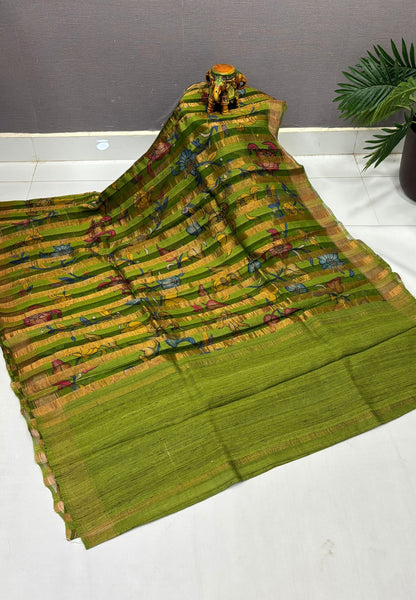 Pure Organza Tussar Saree-Light Green In Striped Zari Border