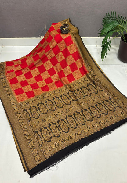 Banarasi Crepe Saree-Red In Square Check Brocade With Contrast Border