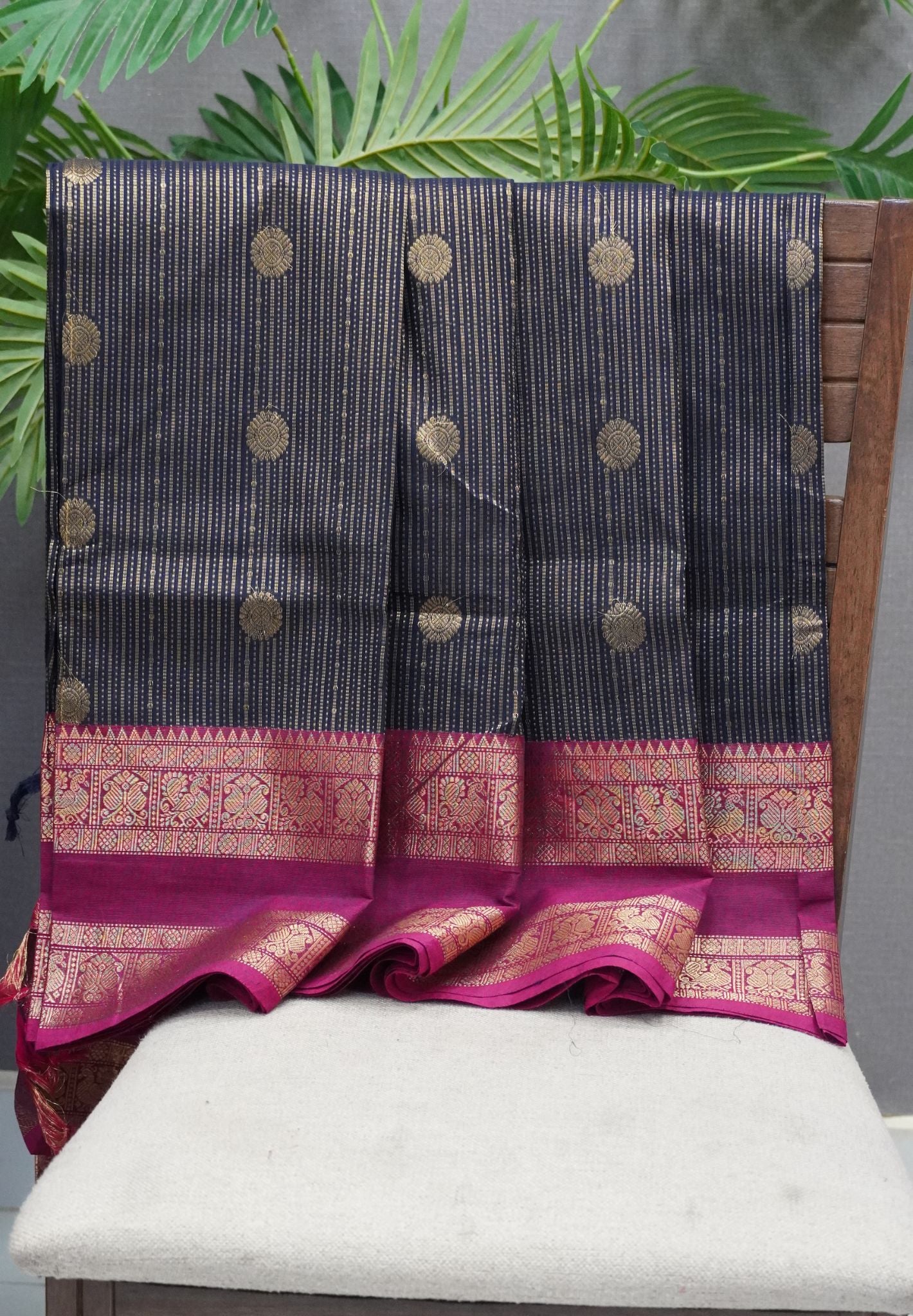 Chettinad Cotton Saree-Space Blue With Peacock & Floral Zari Border