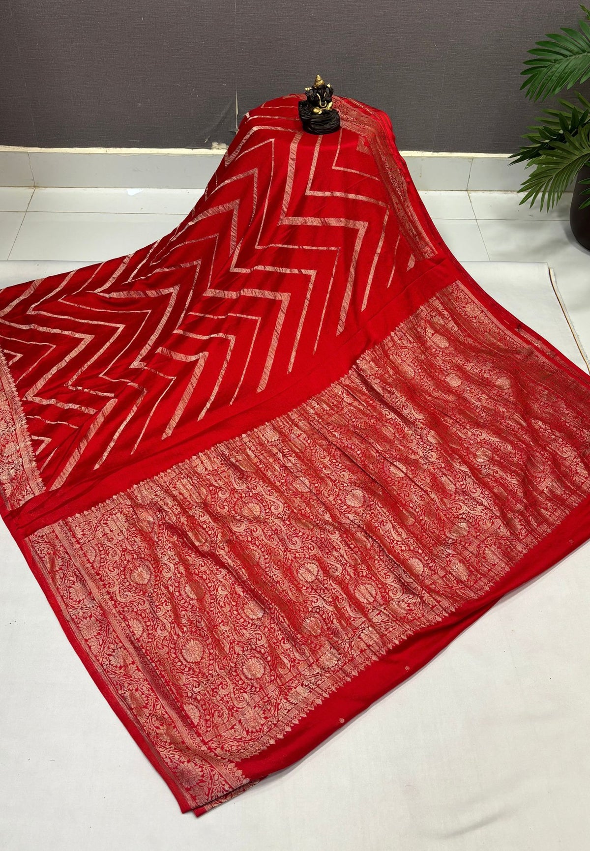 Chinon Silk Saree-Red with Antique Floral Border