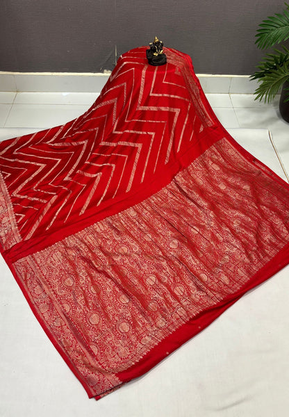Chinon Silk Saree-Red with Antique Floral Border