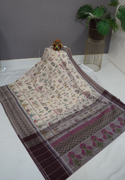 Pure Cotton Saree-Cream with Purple in Grama Chithram Pattern