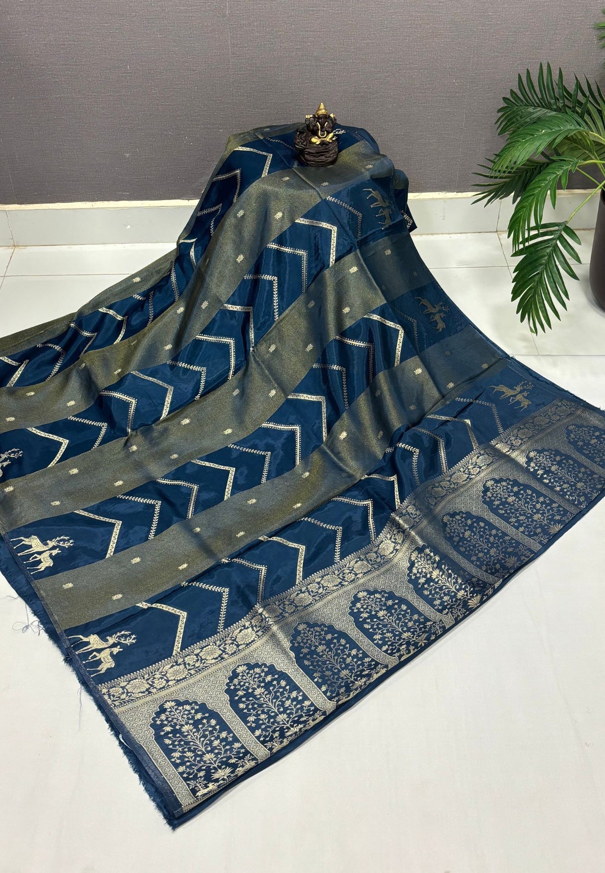 Banarasi Crepe Saree-Peacock Blue In Deer Motif Zari Border