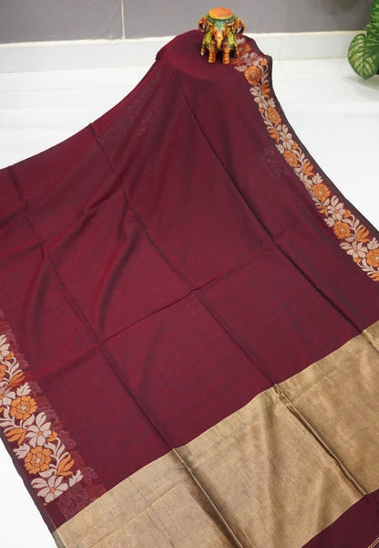 Handloom Cotton Saree-Maroon Marigold Floral Jamdhani Border