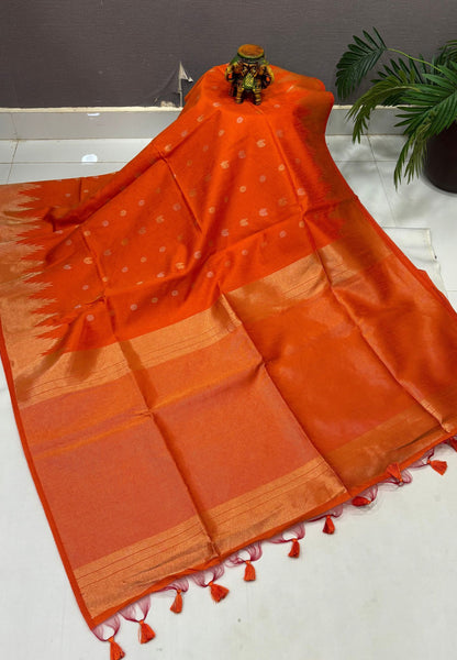 Semi Raw Silk Saree-Orange In Tower Zari Border