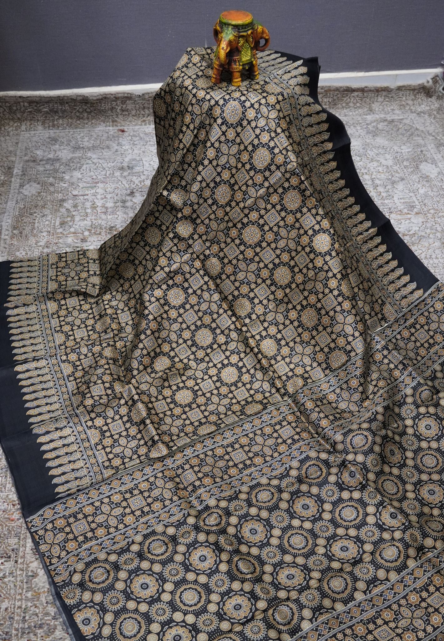 Pure Tussar Silk Saree – Black Ajrakh Print