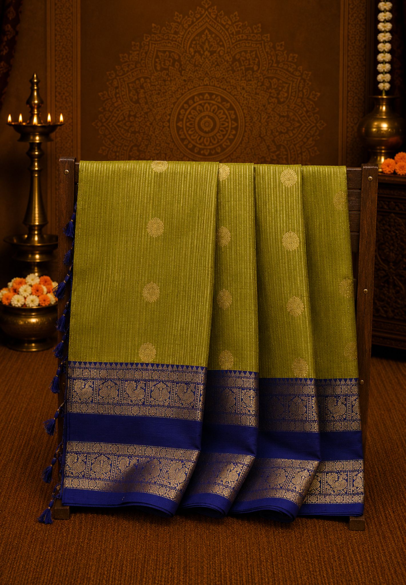 Chettinad Cotton Saree-Sage Green With Peacock & Floral Zari Border