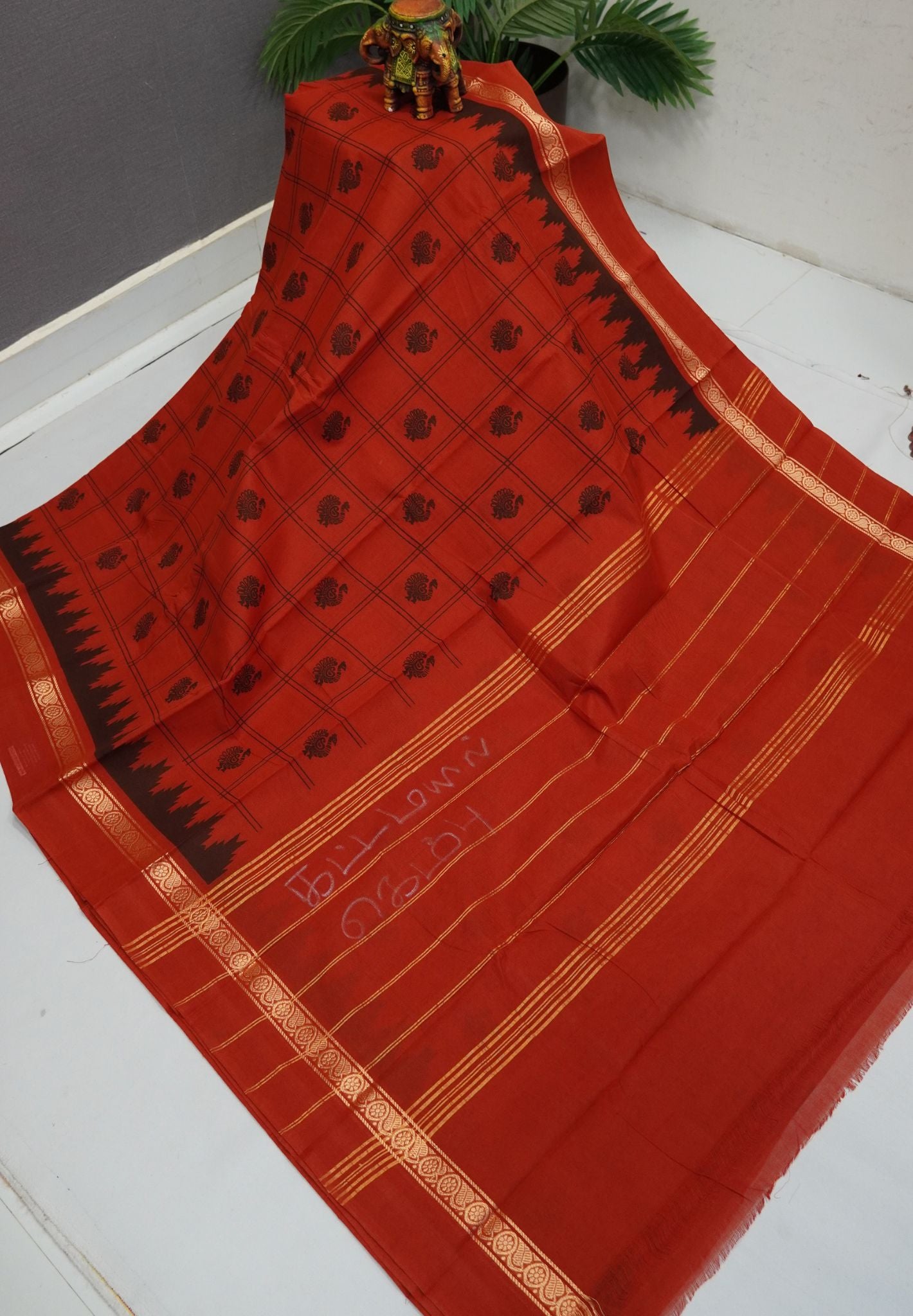 Kanchi Cotton Saree-Rust Orange