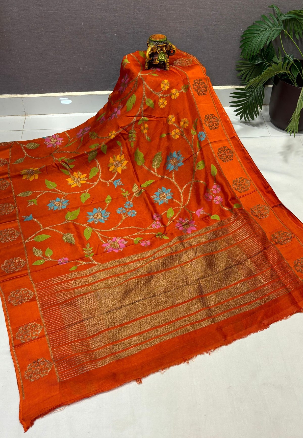 Kattan Silk Saree-Rust Orange in Floral Vine Zari Border