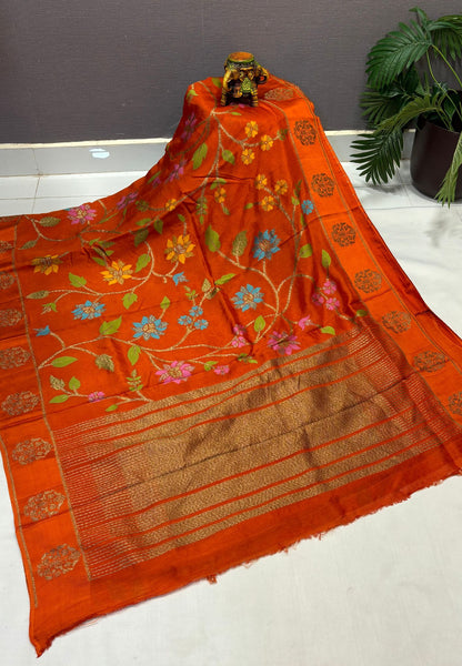 Kattan Silk Saree-Rust Orange in Floral Vine Zari Border