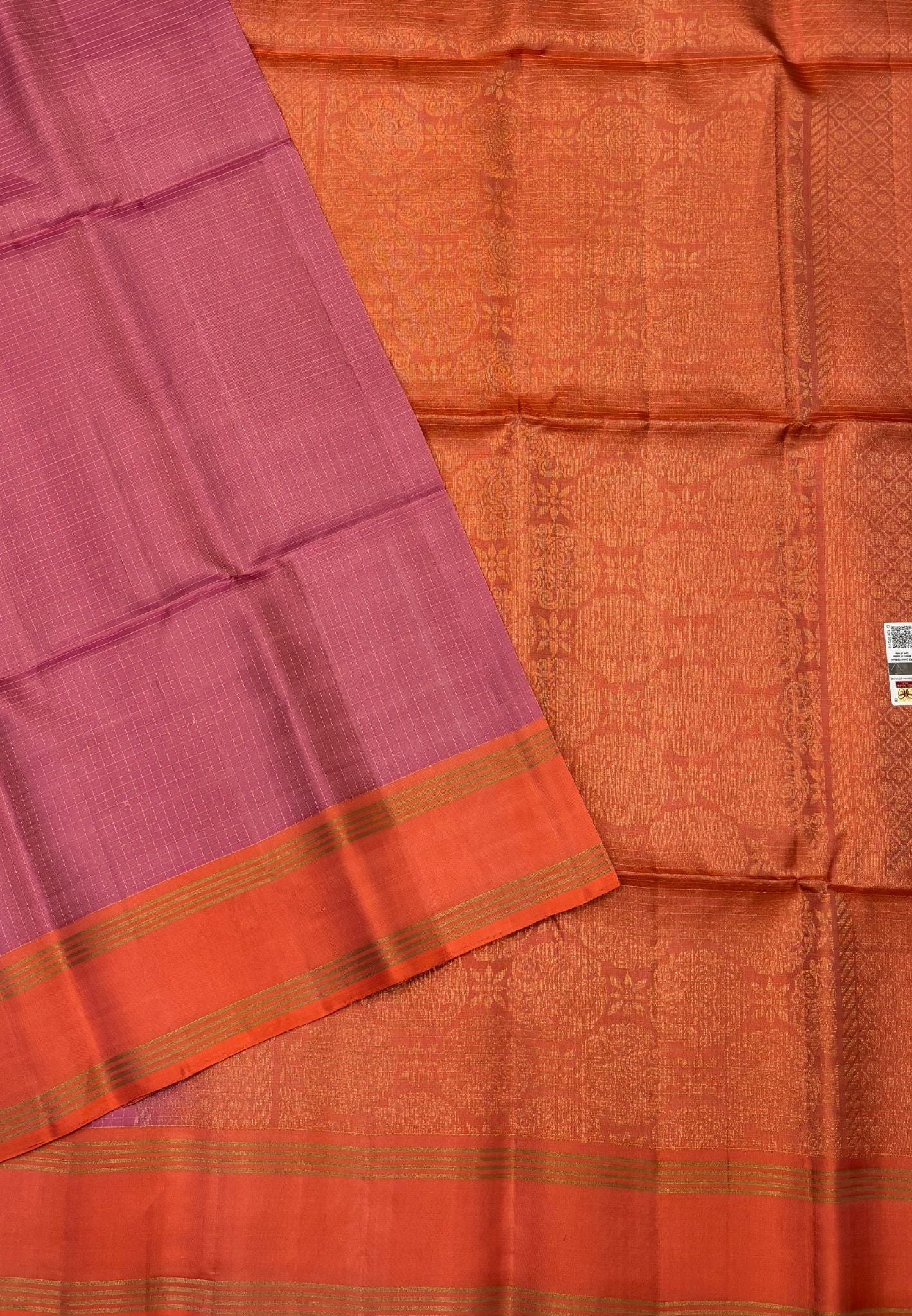 Pure Kanchipuram Silk Saree-Onion Pink in Body Zari Checks with Contrast Retapet Border