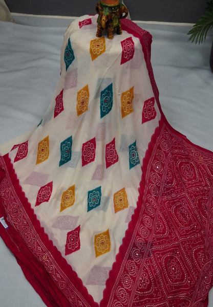 Chiffon Saree – Bandhani Inspired Print with Elegant Border White & Rani Pink