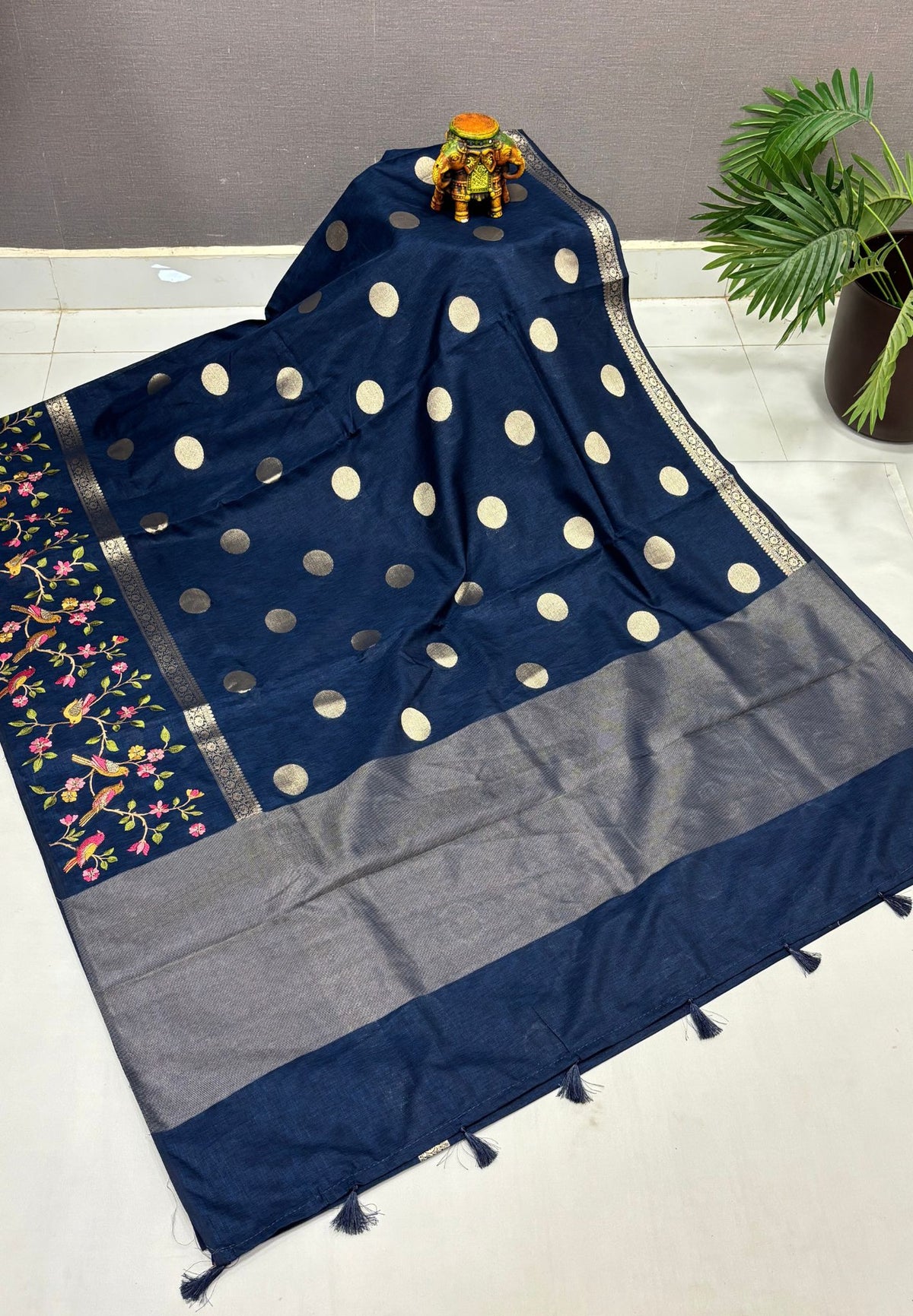Tussar Saree-Peacock Blue In Bird & Floral Border