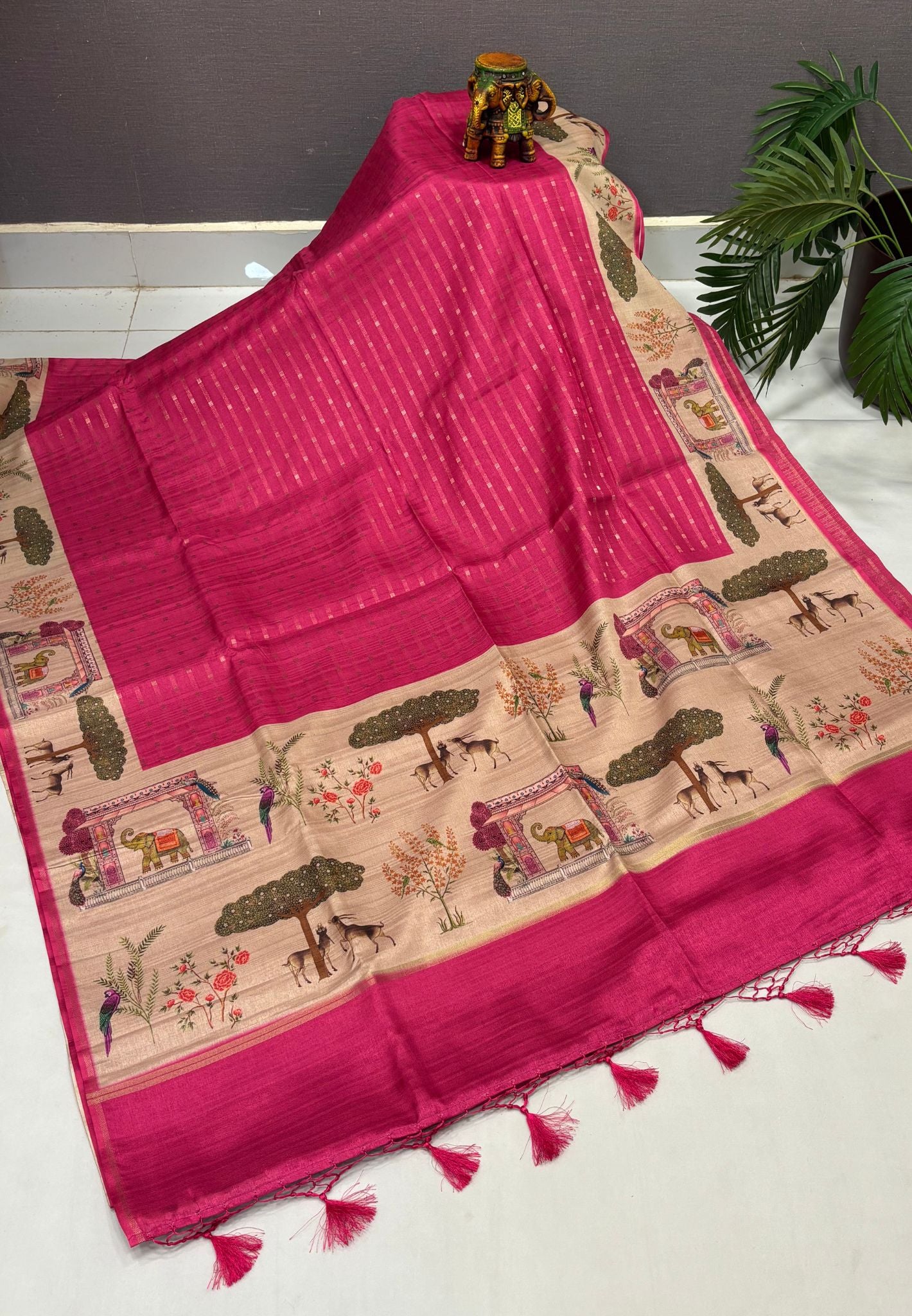 Semi Tussar Saree-Pink in Vanam Kalamkari Border