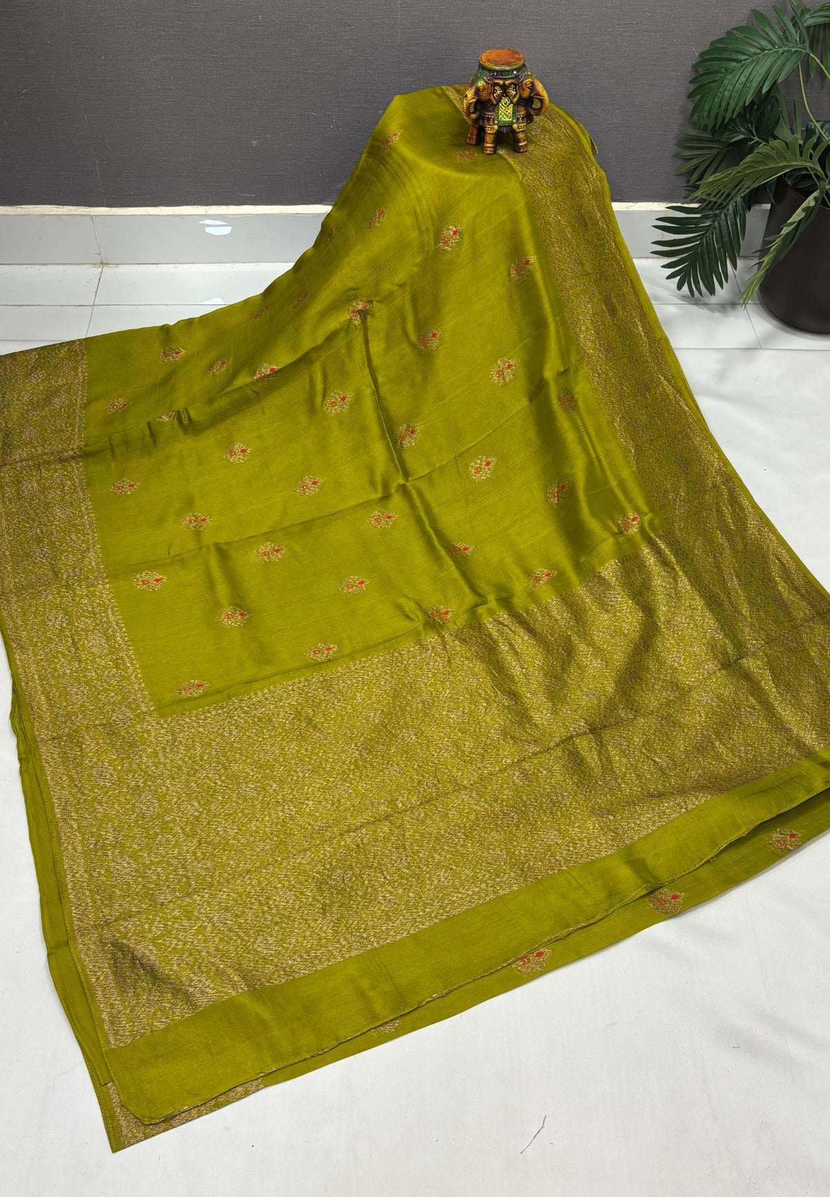 Banarasi Tussar Saree-Mehandi Green in Floral Brocade Zari Border